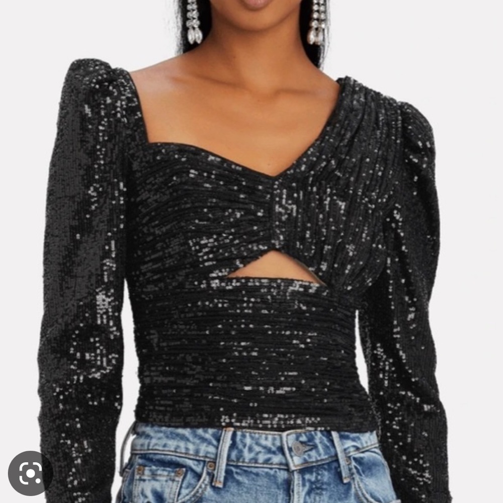 Self-portrait black sequin asymmetrical top with mesh insert. Size 0 / XS